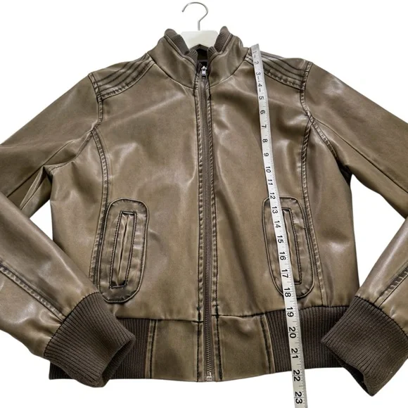 Blue Spice Womens Size Large Faux Leather Bomber Coat Jacket Full Zip Brown Tan - Picture 10 of 14